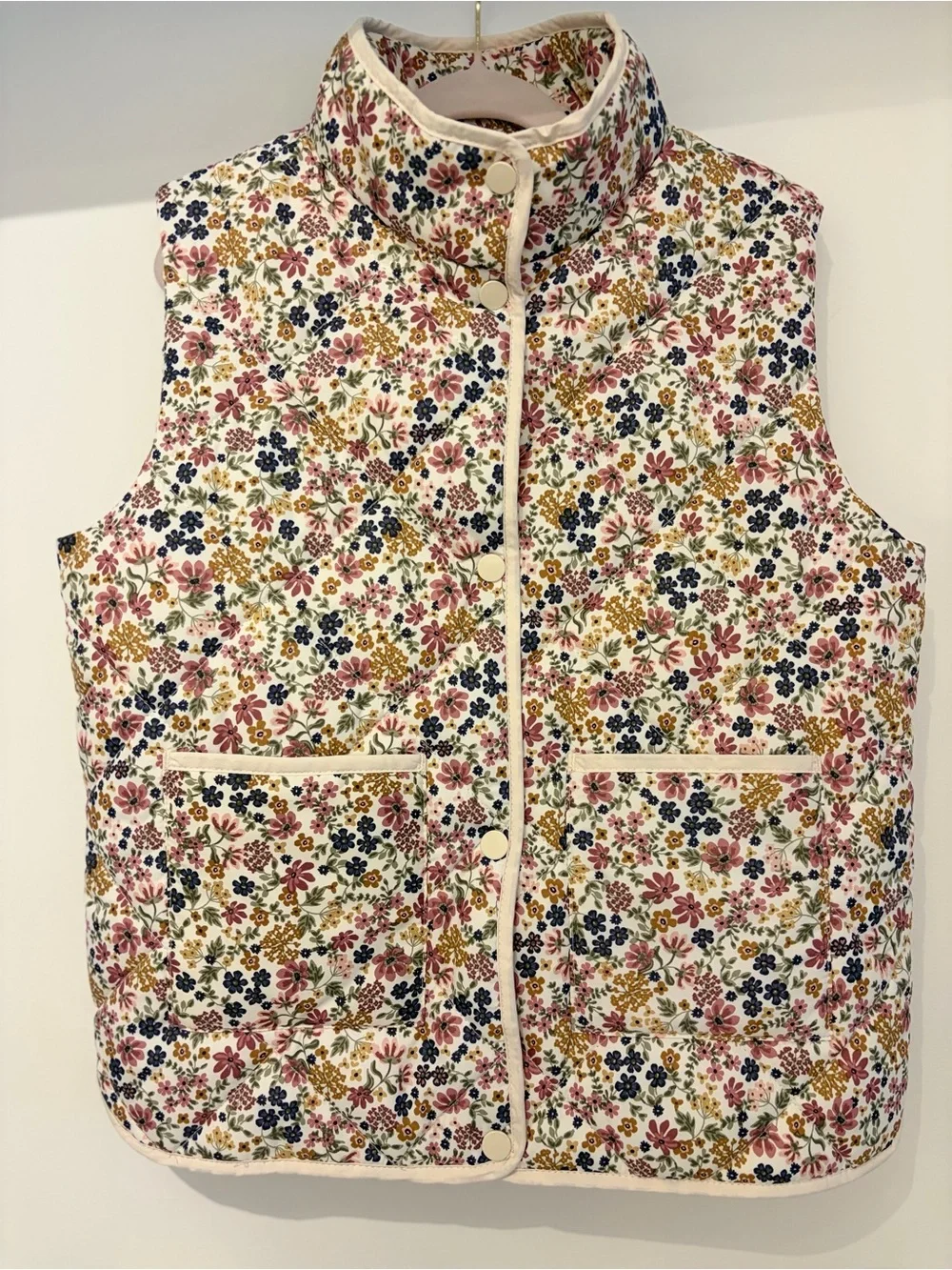 NWT H&M Girls' White Quilted Vest with Pink, Navy & Mustard Floral Print